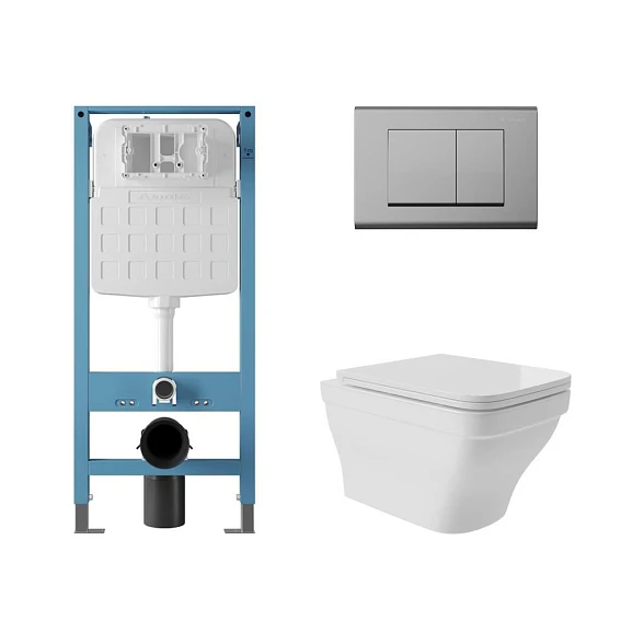 Комплект инсталляции Aqueduto Tecnica Novo с безободковым унитазом Esteta белый глянец, клавиша смыва Quadrado глянцевый хром