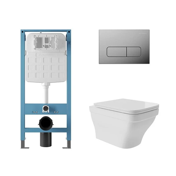 Комплект инсталляции Aqueduto Tecnica Novo с безободковым унитазом Esteta белый глянец, клавиша смыва Forma глянцевый хром
