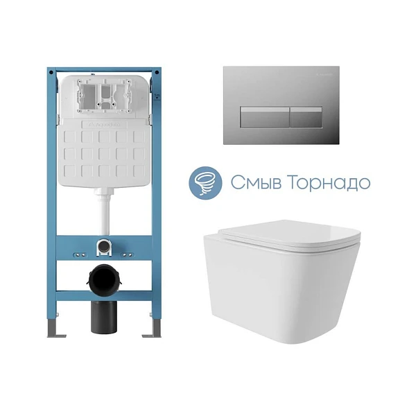 Комплект инсталляции Aqueduto Tecnica Novo с безободковым унитазом Macio Plus Tornado белый глянец, клавиша смыва Retangulo Novo глянцевый хром