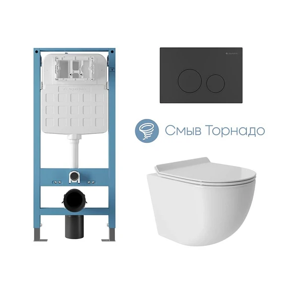 Комплект инсталляции Aqueduto Tecnica Novo с безободковым унитазом Ovo Tornado белый глянец, клавиша смыва Circulo черная матовая
