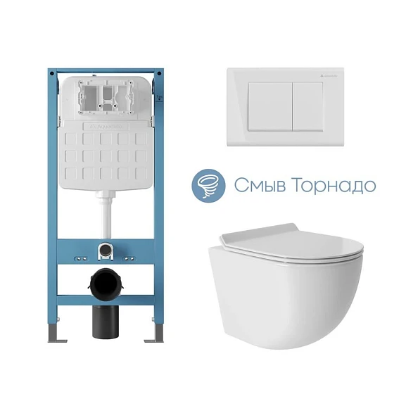 Комплект инсталляции Aqueduto Tecnica Novo с безободковым унитазом Ovo Tornado белый глянец, клавиша смыва Quadrado белый глянец