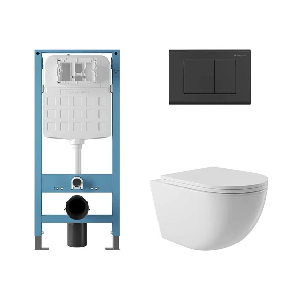 Комплект инсталляции Aqueduto Tecnica Novo с безободковым унитазом Ovo белый глянец, клавиша смыва Quadrado черная матовая
