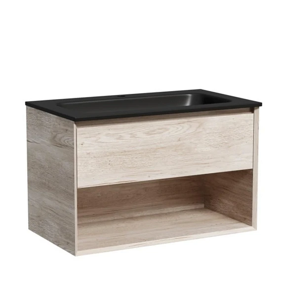 Тумба с раковиной Sancos Marmi 1.0 80 дуб галифакс натуральный (раковина Grace CN7012MB черная матовая)