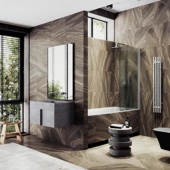 Душевая шторка на ванну MaybahGlass MGV-621-5 80*140 профиль матовый хром стекло сатин