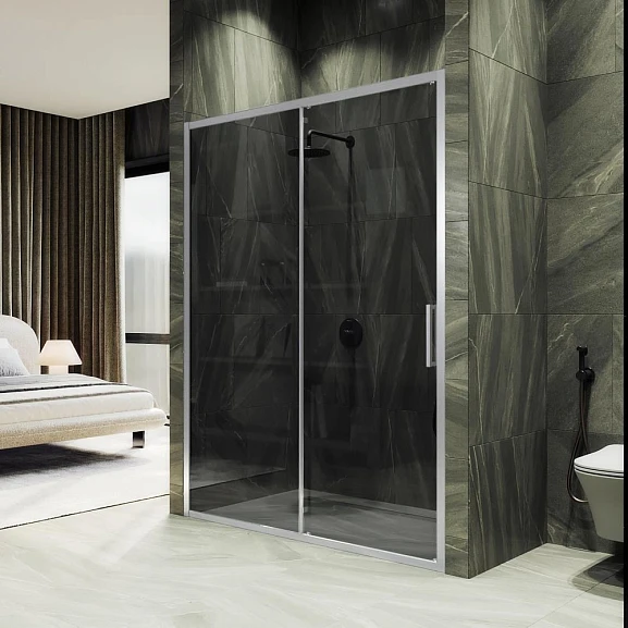 Душевая дверь в нишу MaybahGlass 120*195 профиль матовый хром стекло графит без поддона