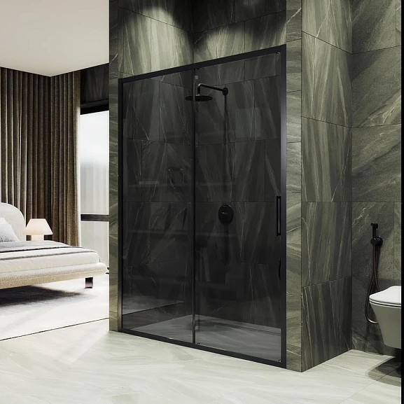 Душевая дверь в нишу MaybahGlass 150*195 профиль черный матовый стекло графит без поддона