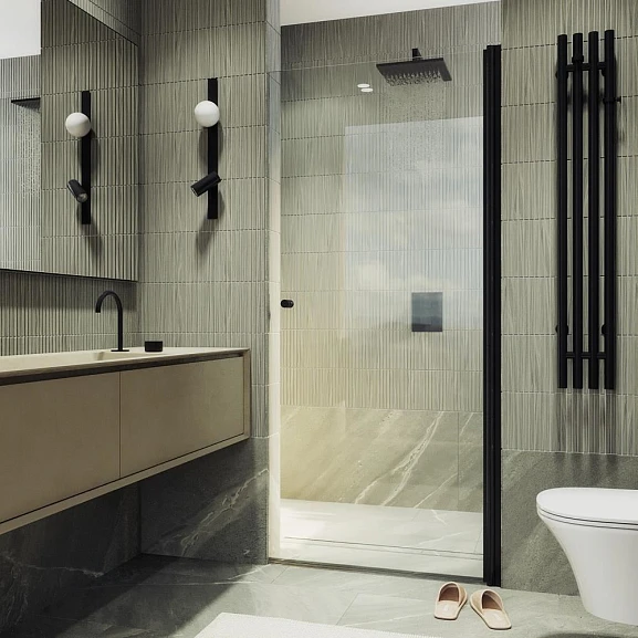 Душевая дверь в нишу MaybahGlass 80*198 профиль черный матовый стекло прозрачное без поддона